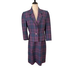 Vtg 80s Utah Tailoring Designer Suit Skirt Set‎ Pink Purple Plaid Dopamine